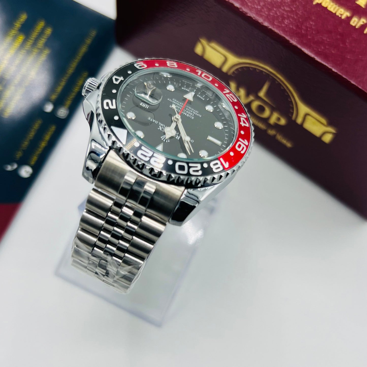 Submariner Style Watch Black Red Bezel Stainless Steel