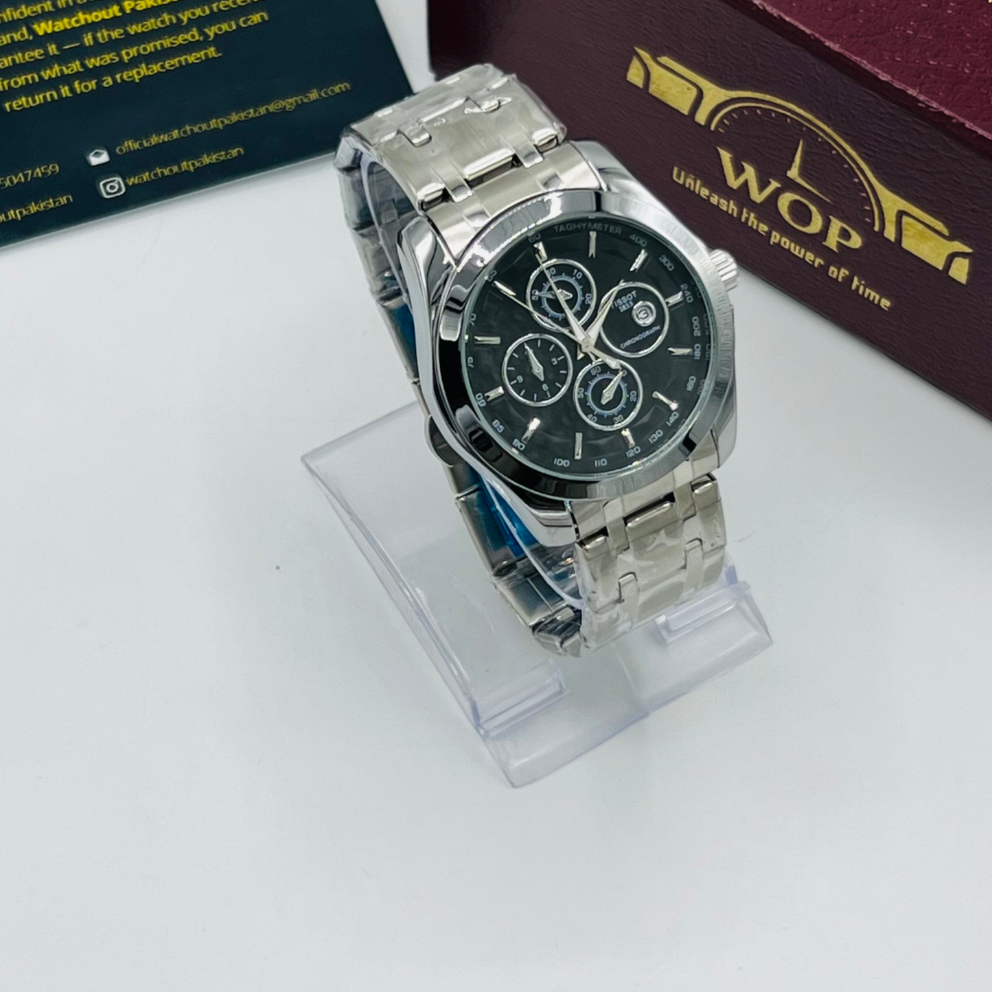 Racing Chronograph Black Dial Tachymeter Stainless Steel Bracelet Watch