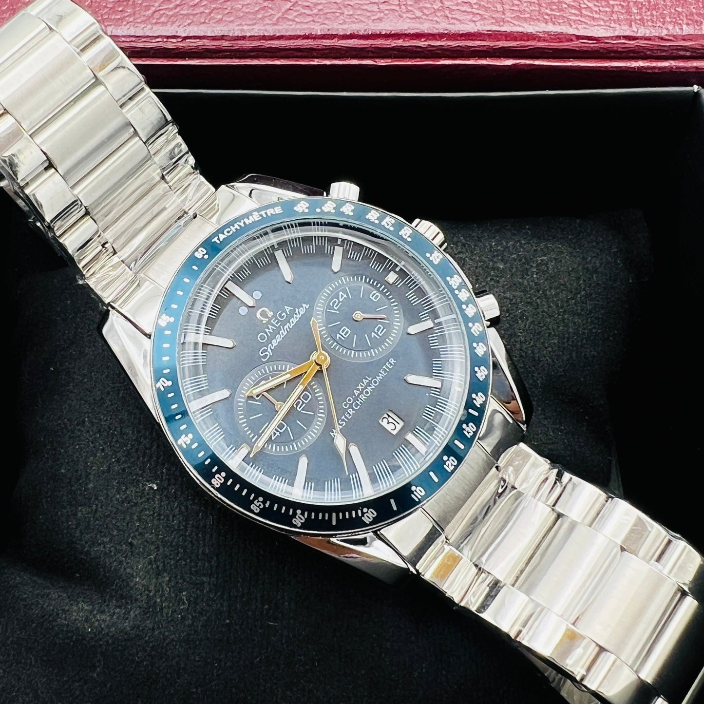 Speedmaster Style Blue Dial Blue Bezel Chronograph Stainless Steel Bracelet Watch