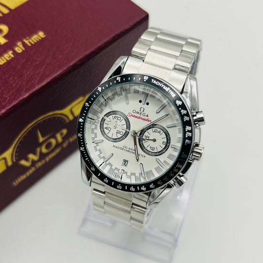 Racing Chronograph White Dial Black Tachymeter Stainless Steel Bracelet Watch