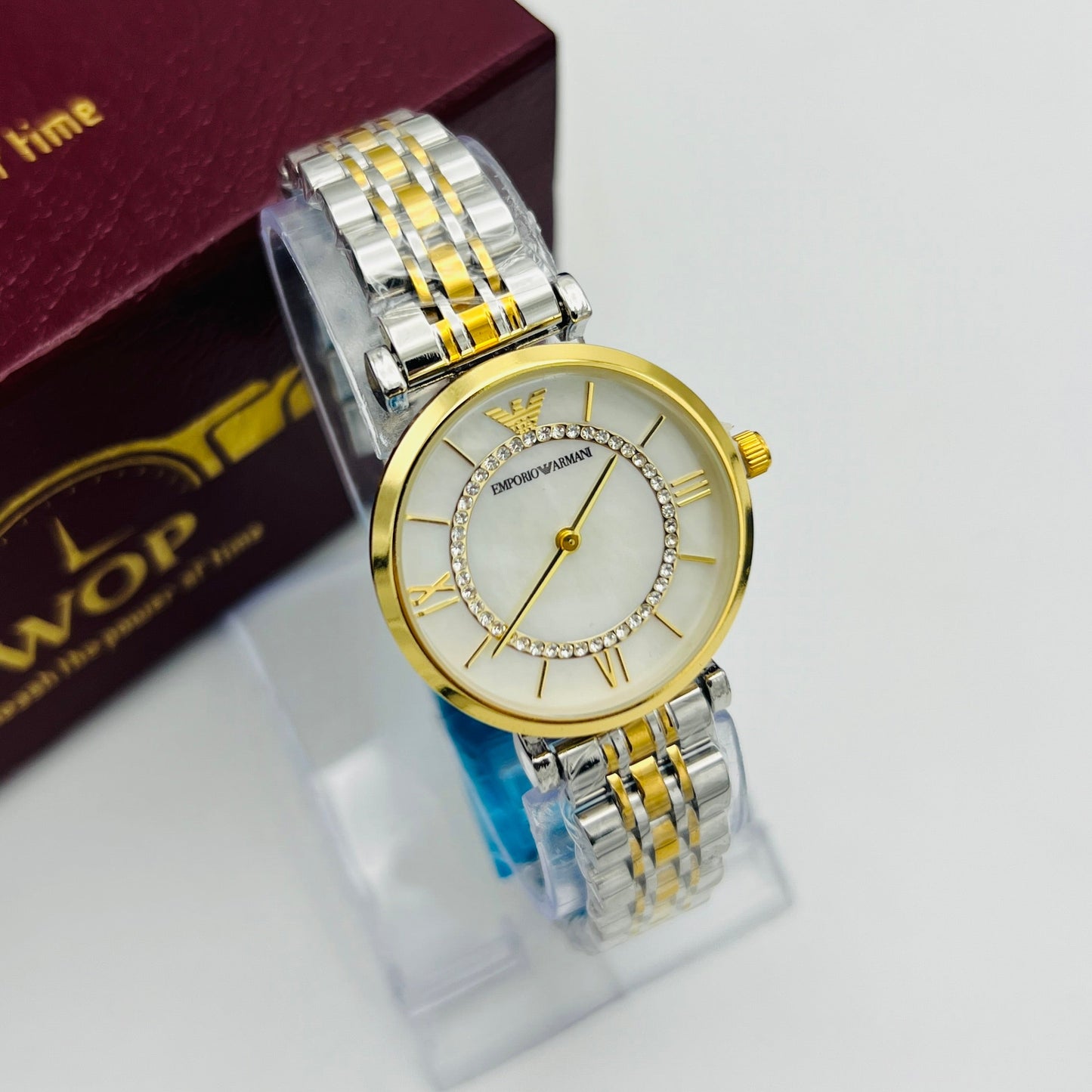 Ladies White Dial Roman Numerals Crystal Accents Two-Tone Stainless Steel Bracelet Watch