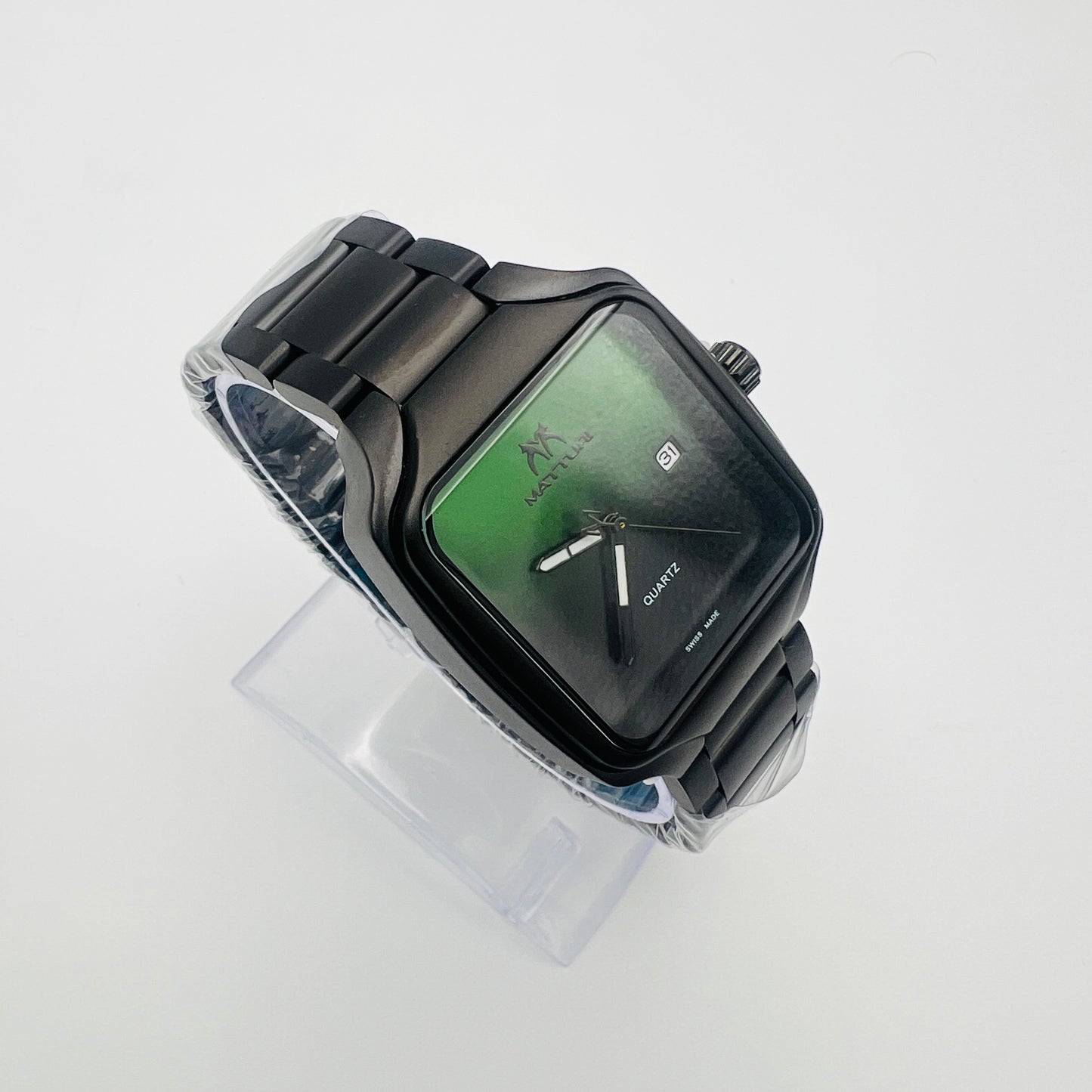 Square Green Dial Date Display Quartz Stainless Steel Bracelet Watch