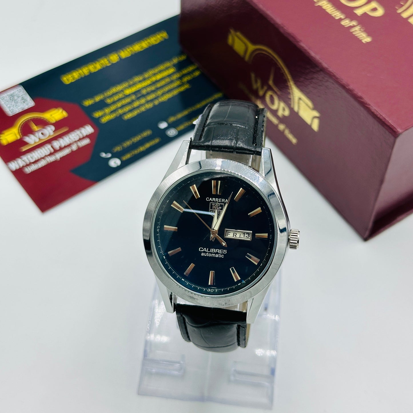 Carrera Black Dial Day-Date Leather Strap Watch