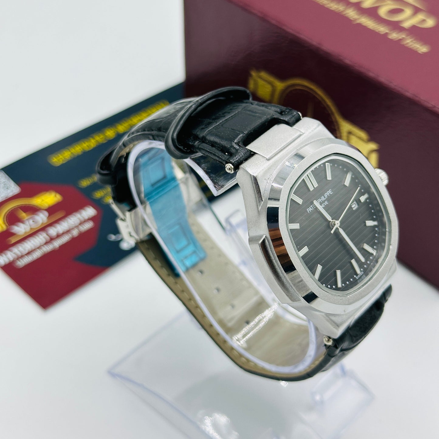 Nautilus Style Black Dial Date Display Leather Strap Watch