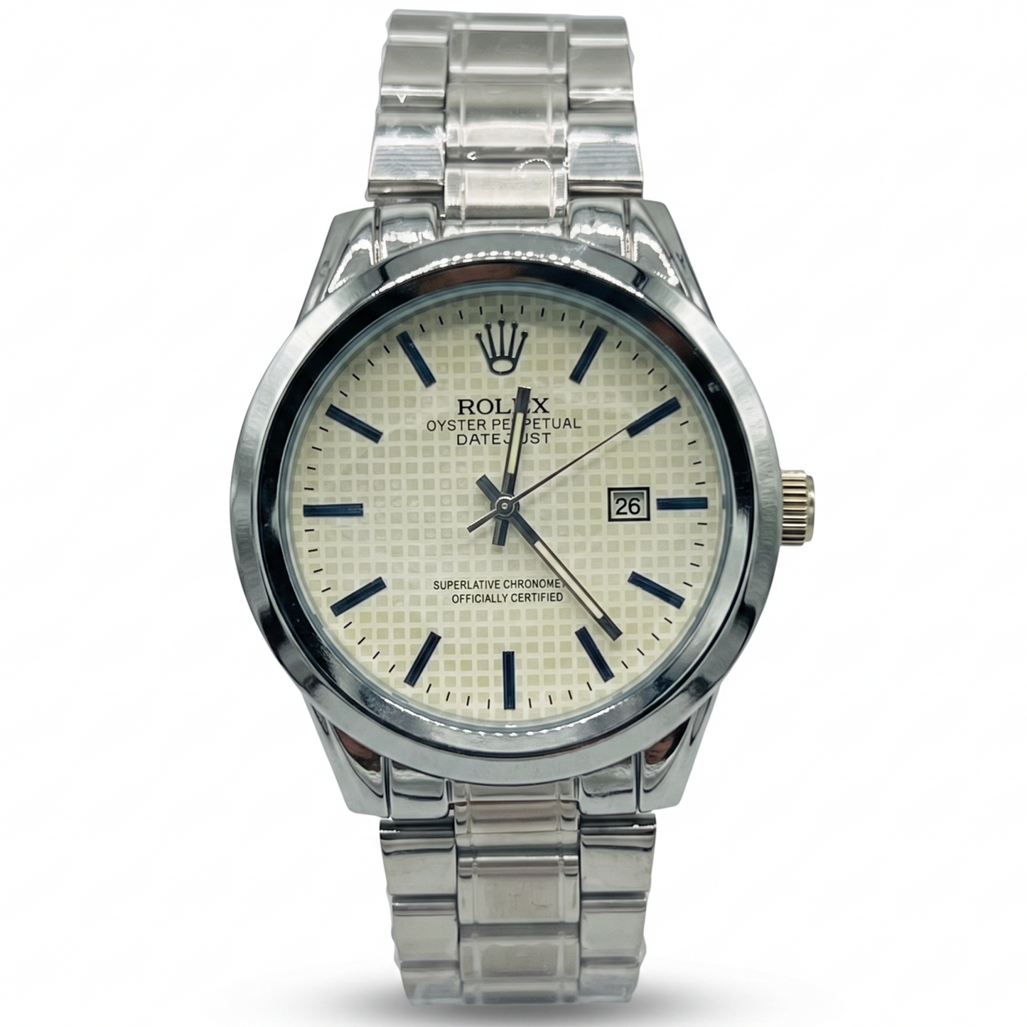 Oyster Style White Dial Date Display Stainless Steel Bracelet Watch