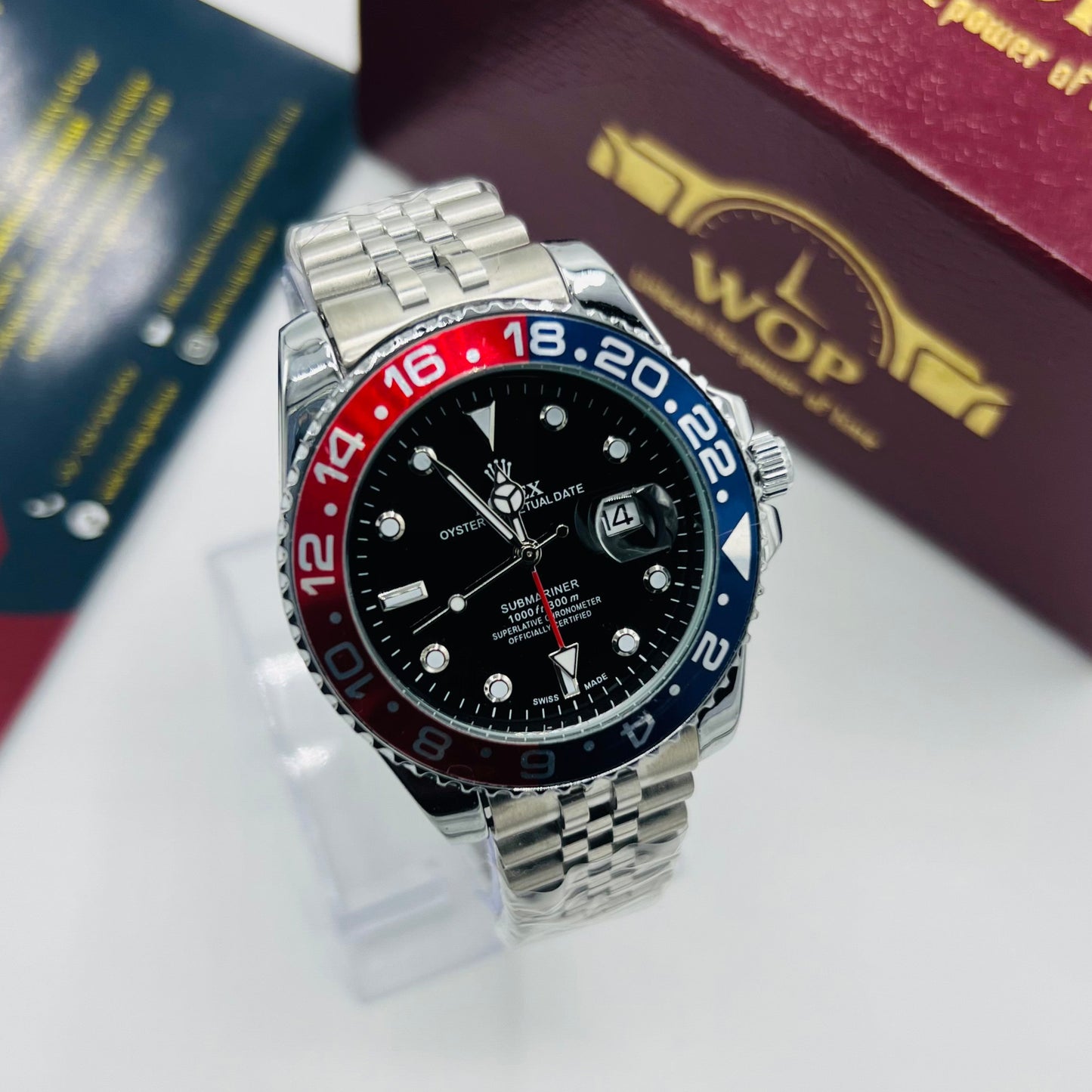 Submariner Style Watch Black Red Bezel Stainless Steel