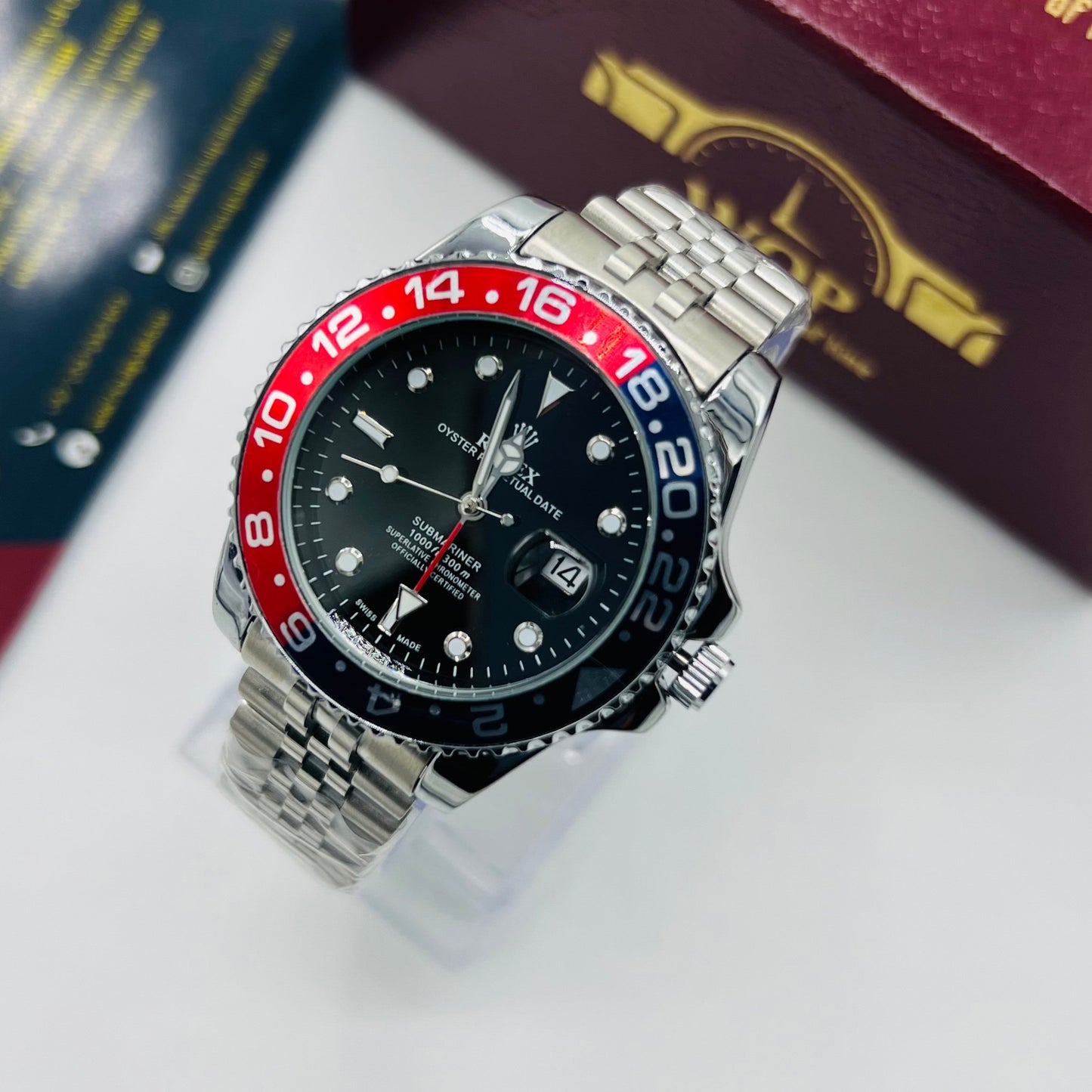 Submariner Style Watch Black Red Bezel Stainless Steel