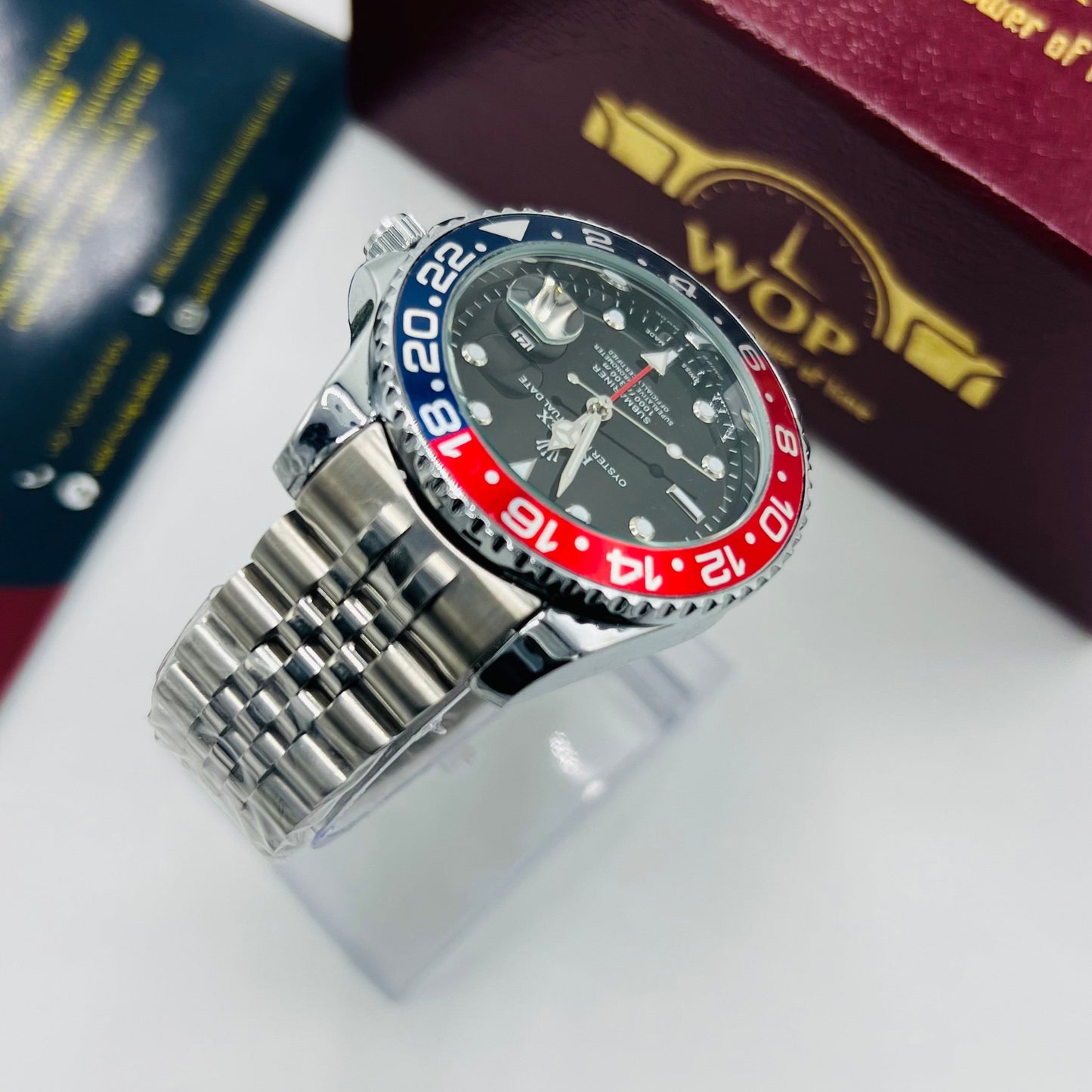 Submariner Style Watch Black Red Bezel Stainless Steel