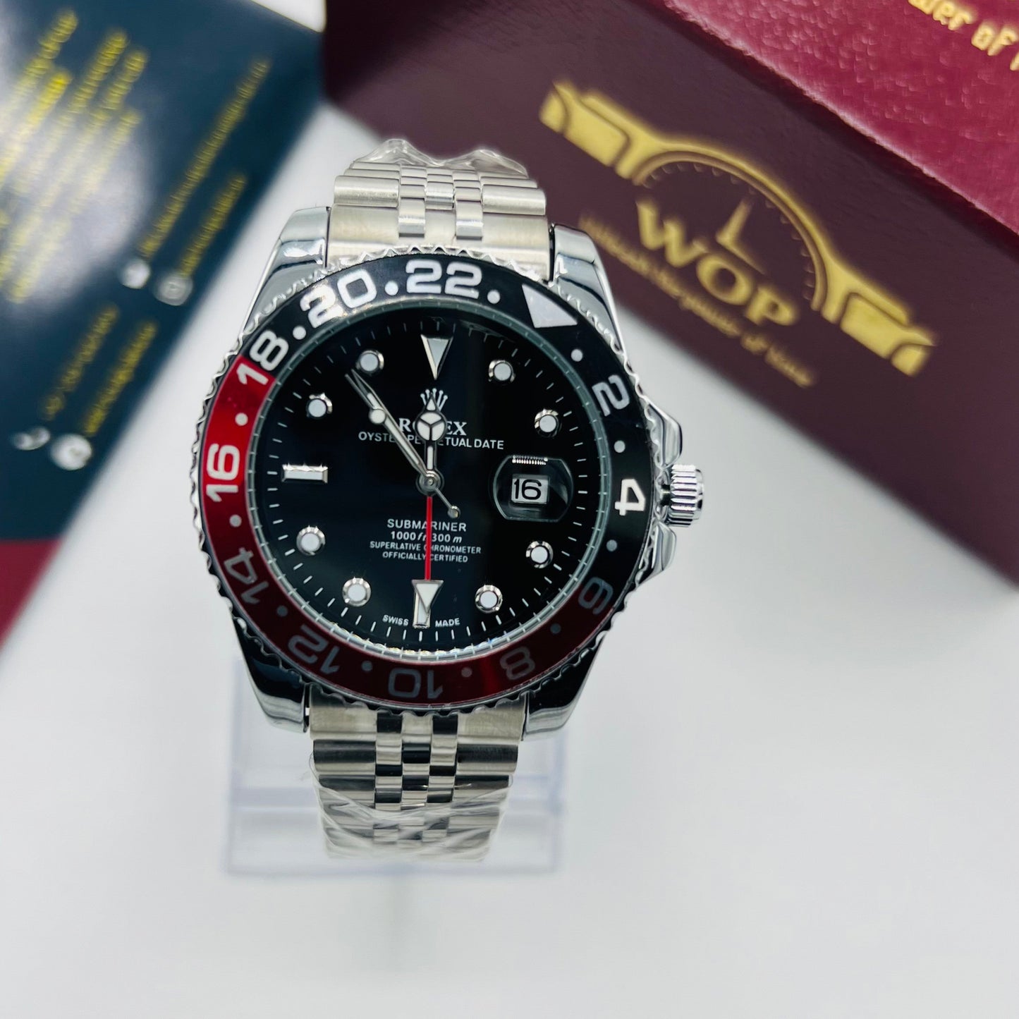 Submariner Style Watch Black Red Bezel Stainless Steel