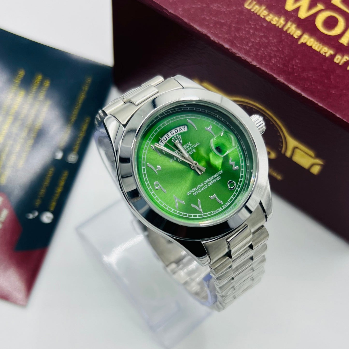 Day-Date Green Dial Stainless Steel Bracelet Watch