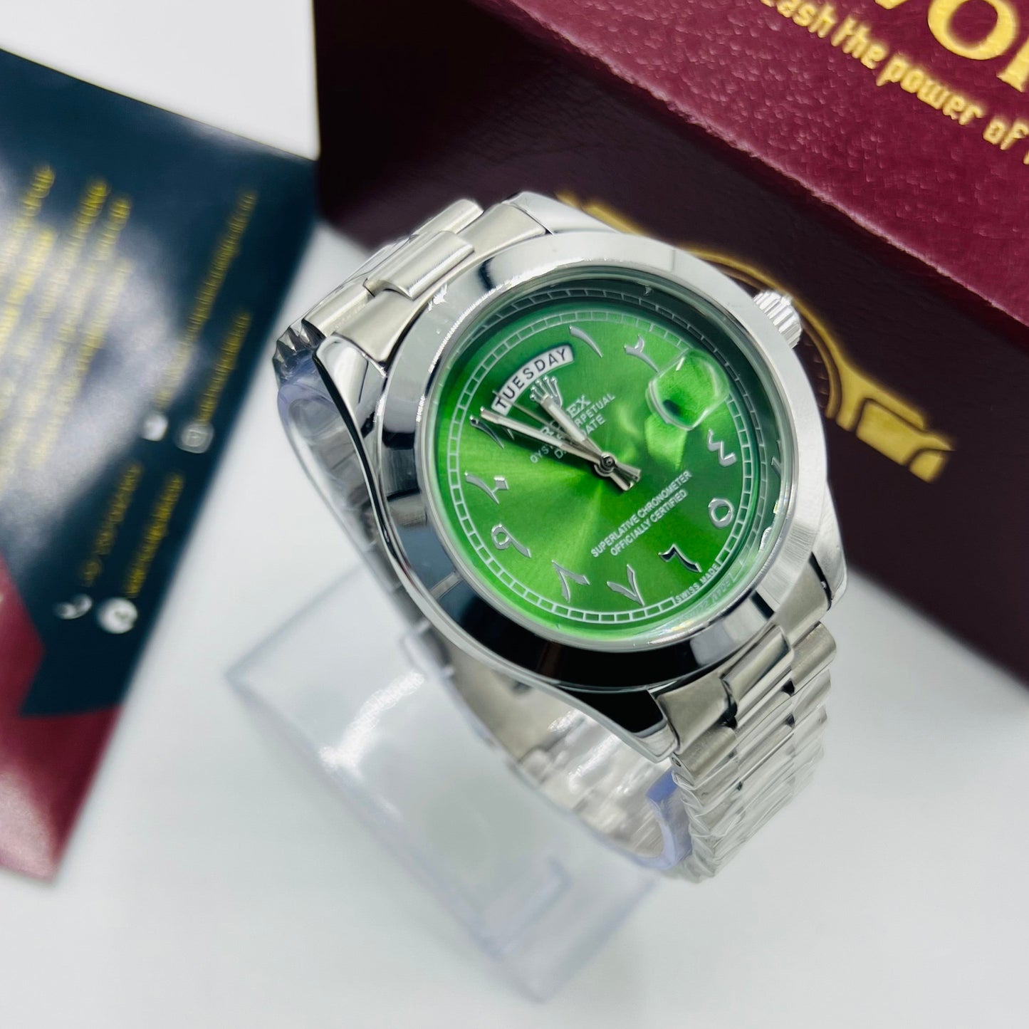 Day-Date Green Dial Stainless Steel Bracelet Watch