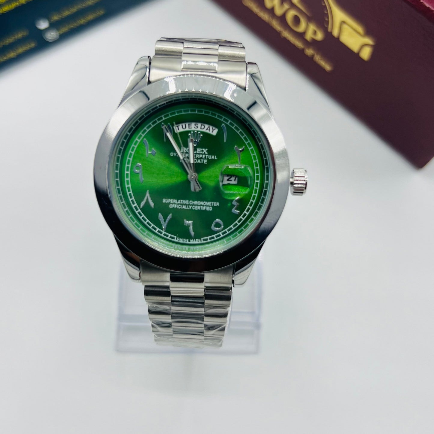 Day-Date Green Dial Stainless Steel Bracelet Watch