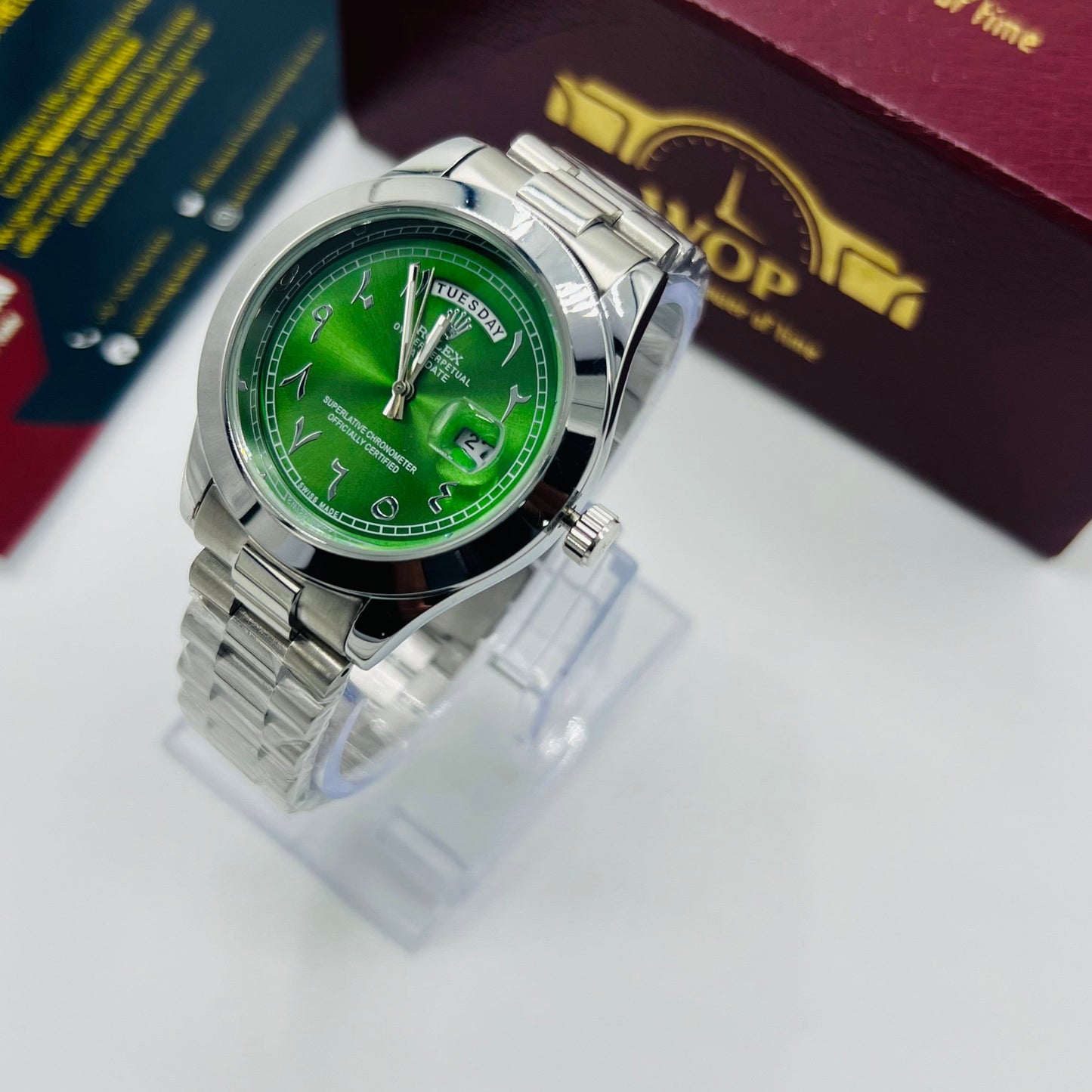 Day-Date Green Dial Stainless Steel Bracelet Watch