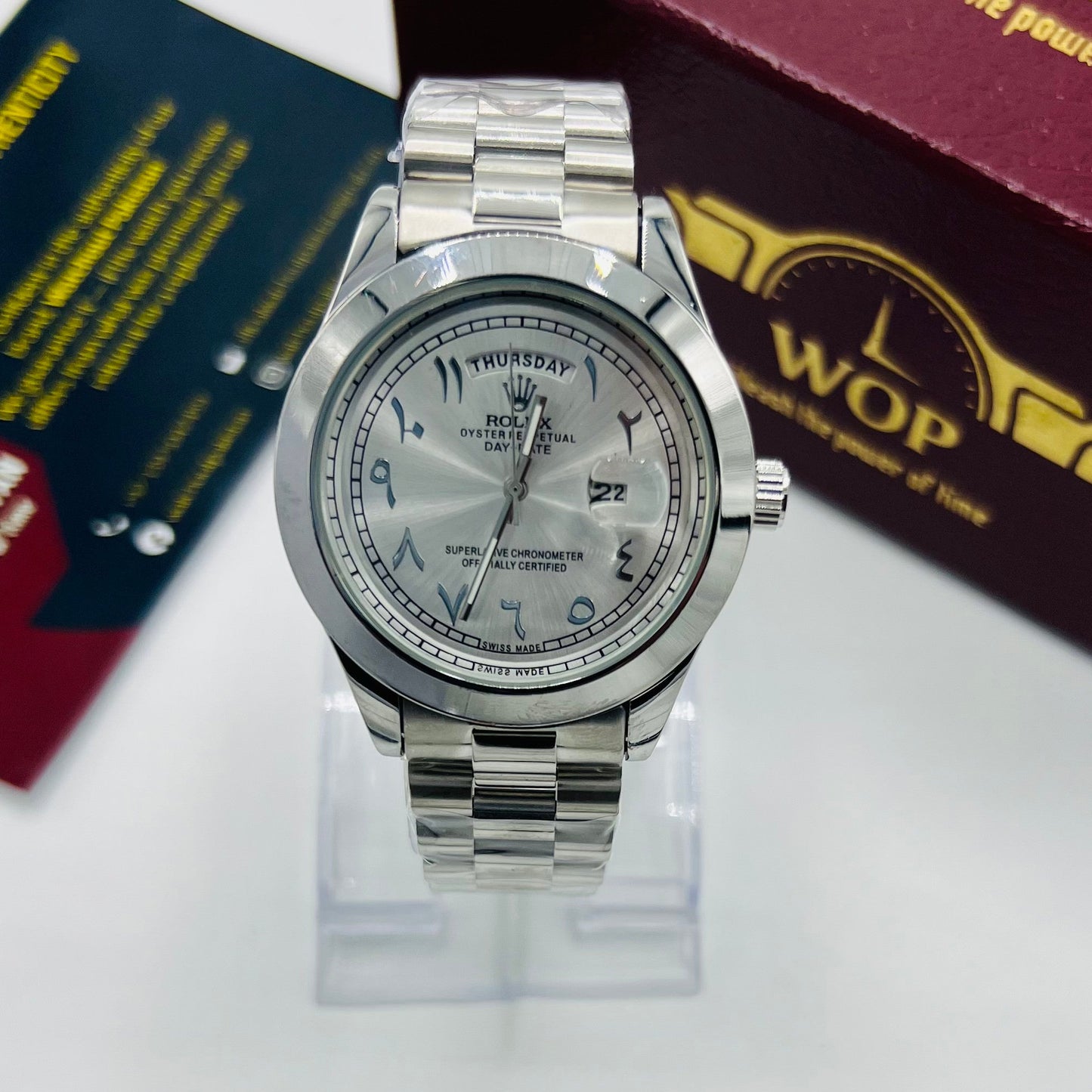 Day-Date Silver Dial Stainless Steel Bracelet Watch