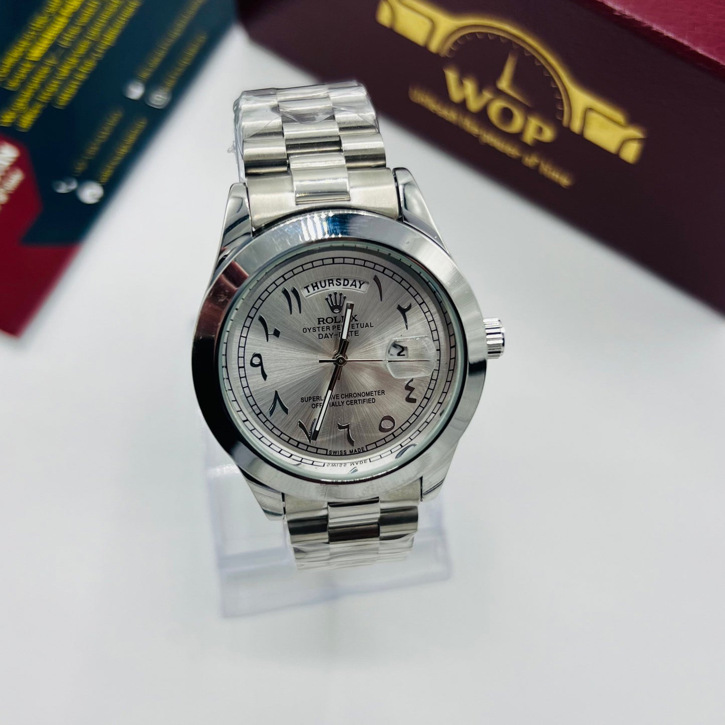 Day-Date Silver Dial Stainless Steel Bracelet Watch
