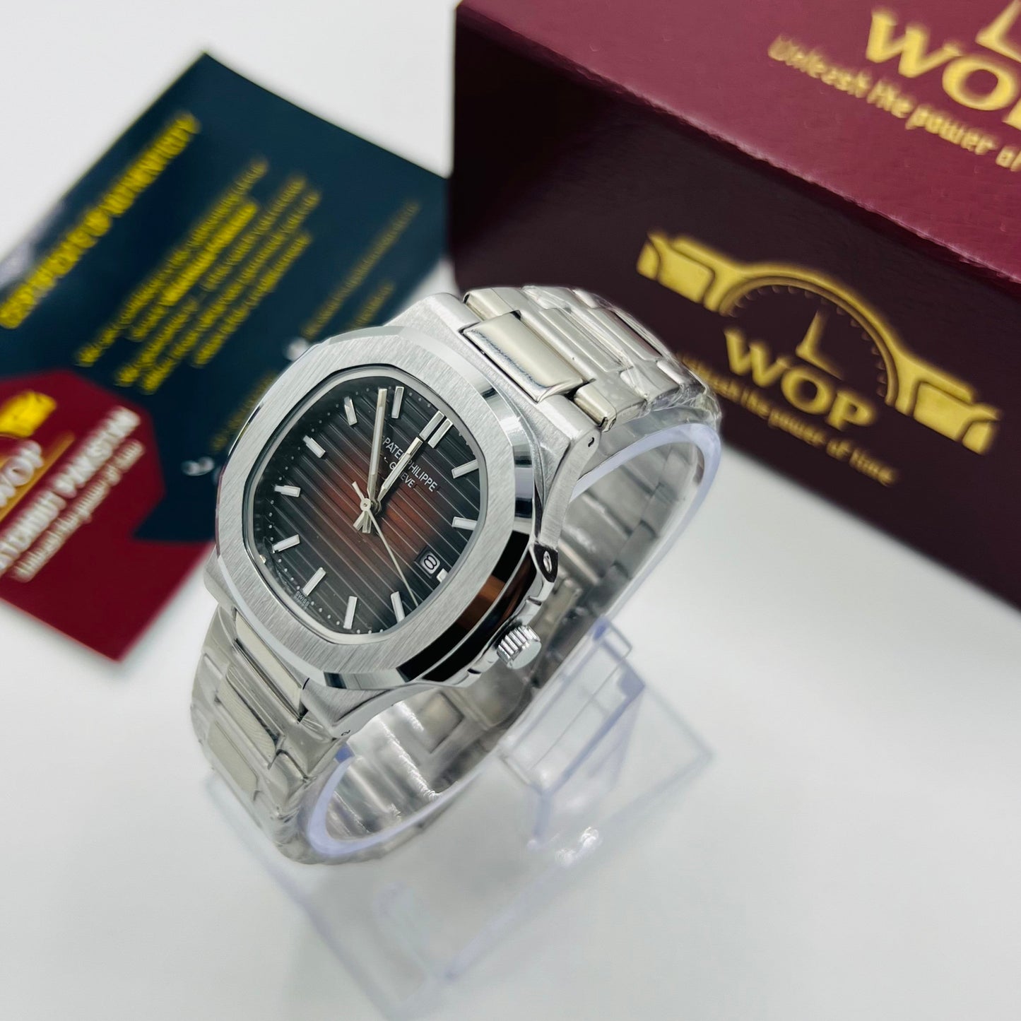 Nautilus Style Brown Dial Semi-Automatic Stainless Steel Bracelet Watch
