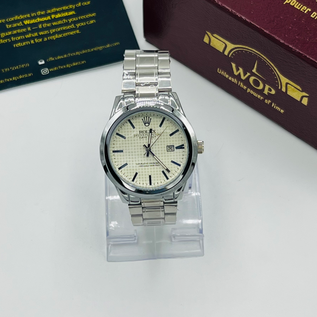 Oyster Style White Dial Date Display Stainless Steel Bracelet Watch