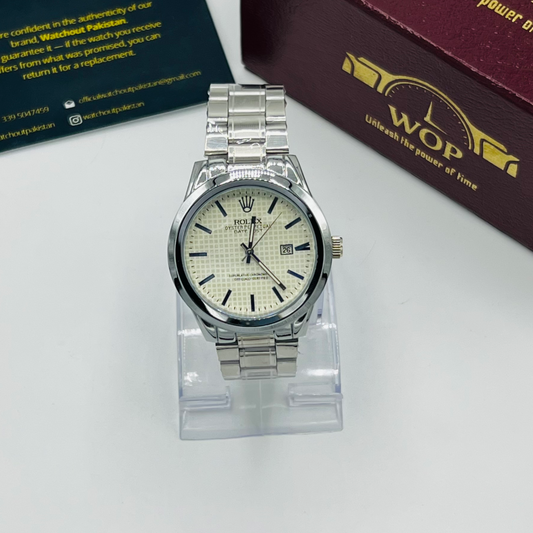 Oyster Style White Dial Date Display Stainless Steel Bracelet Watch