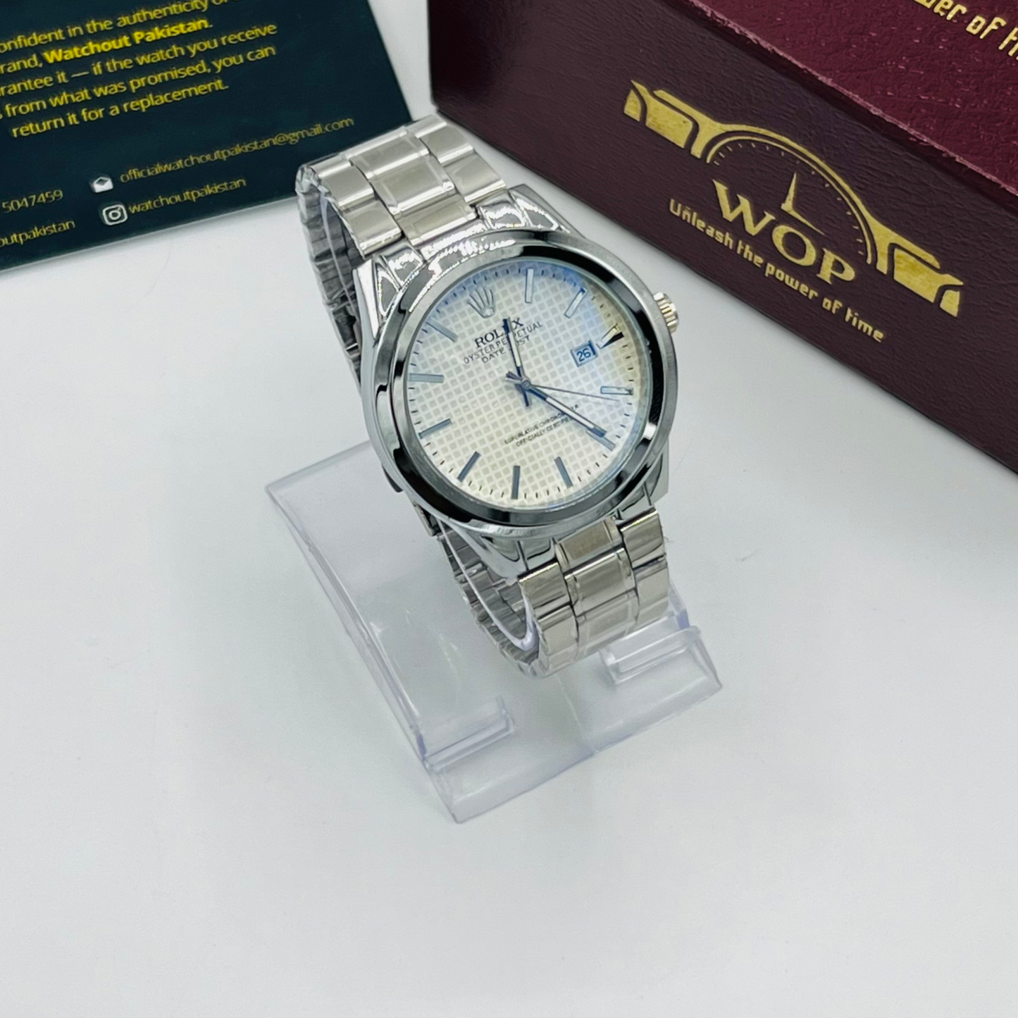 Oyster Style White Dial Date Display Stainless Steel Bracelet Watch