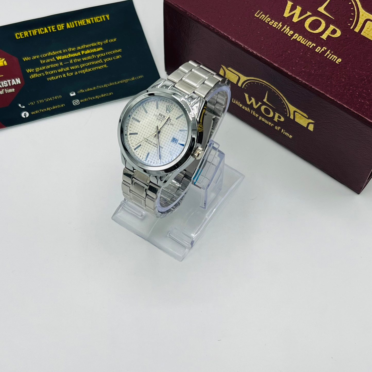 Oyster Style White Dial Date Display Stainless Steel Bracelet Watch