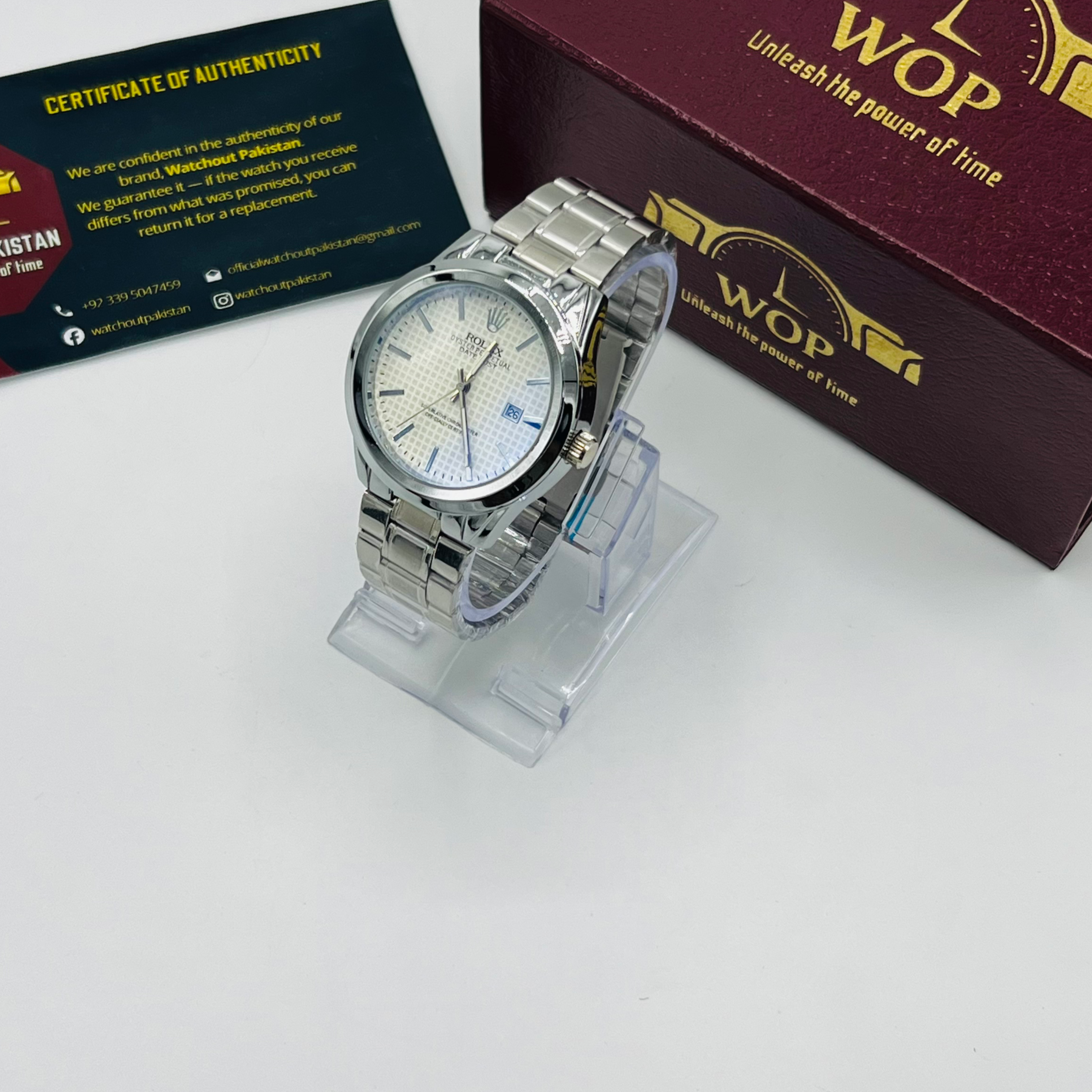 Oyster Style White Dial Date Display Stainless Steel Bracelet Watch