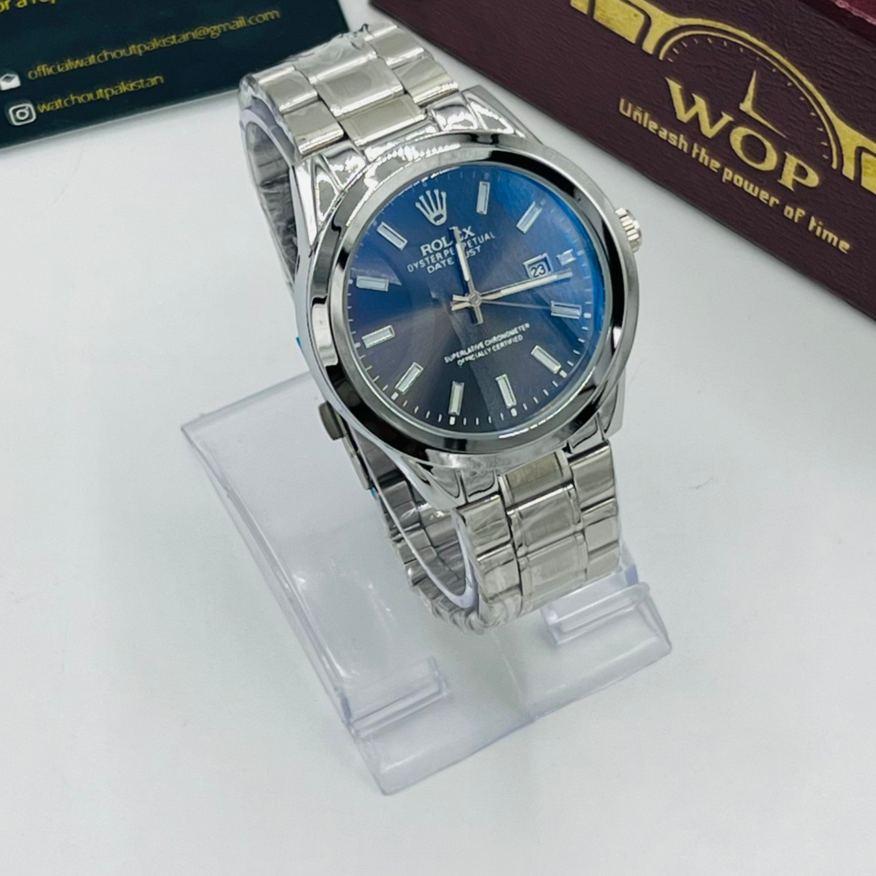 Oyster Style Black Dial Date Display Stainless Steel Bracelet Watch