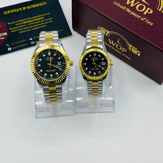 His & Hers Datejust Style Black Dial Two-Tone Stainless Steel Bracelet Couple Watch