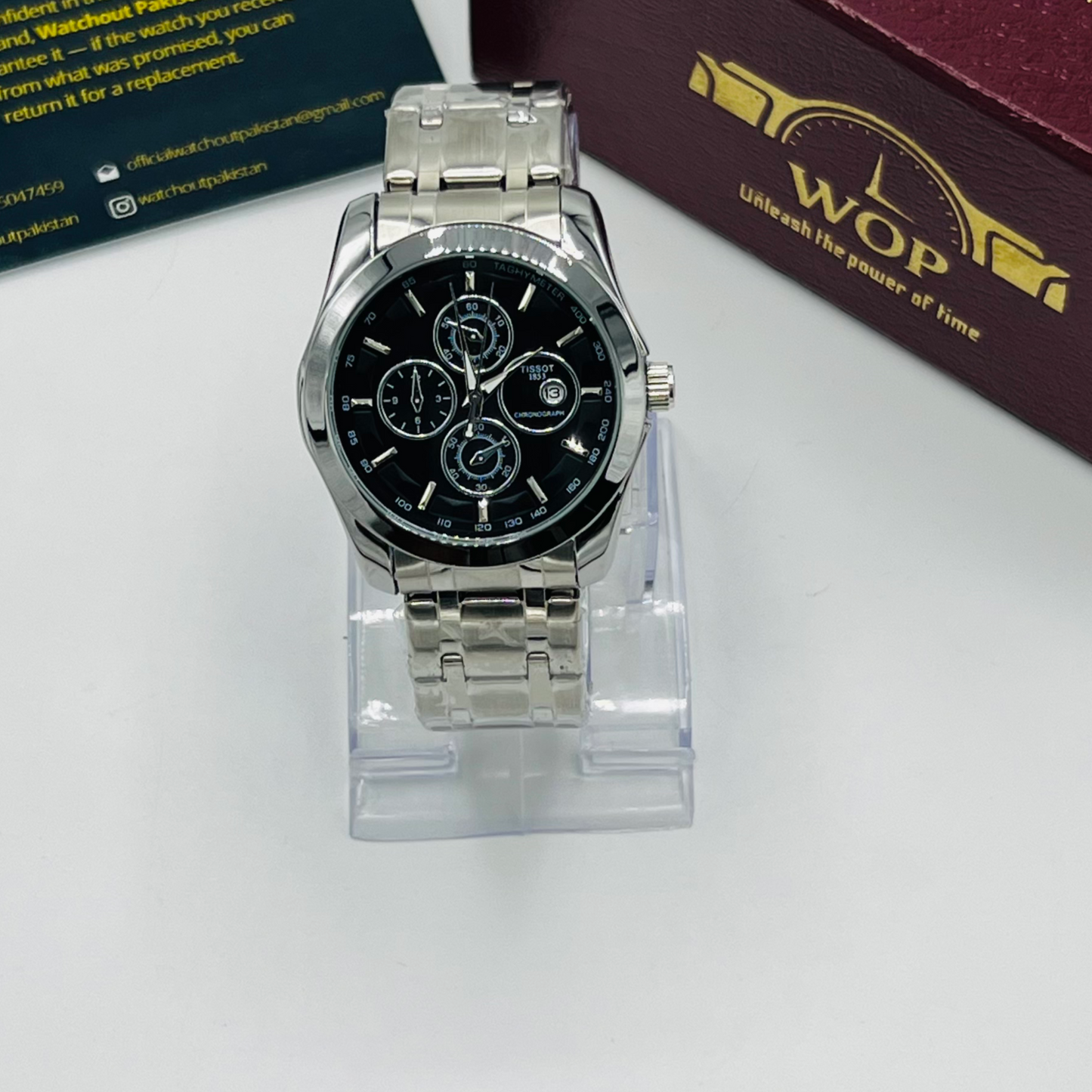 Racing Chronograph Black Dial Tachymeter Stainless Steel Bracelet Watch