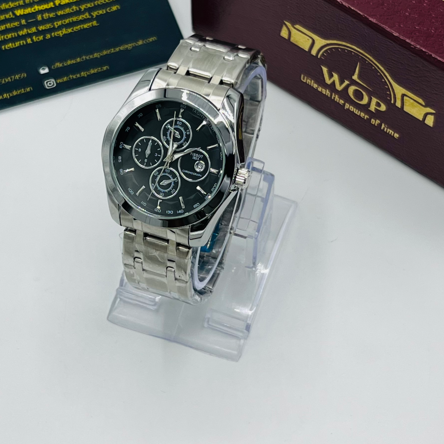 Racing Chronograph Black Dial Tachymeter Stainless Steel Bracelet Watch