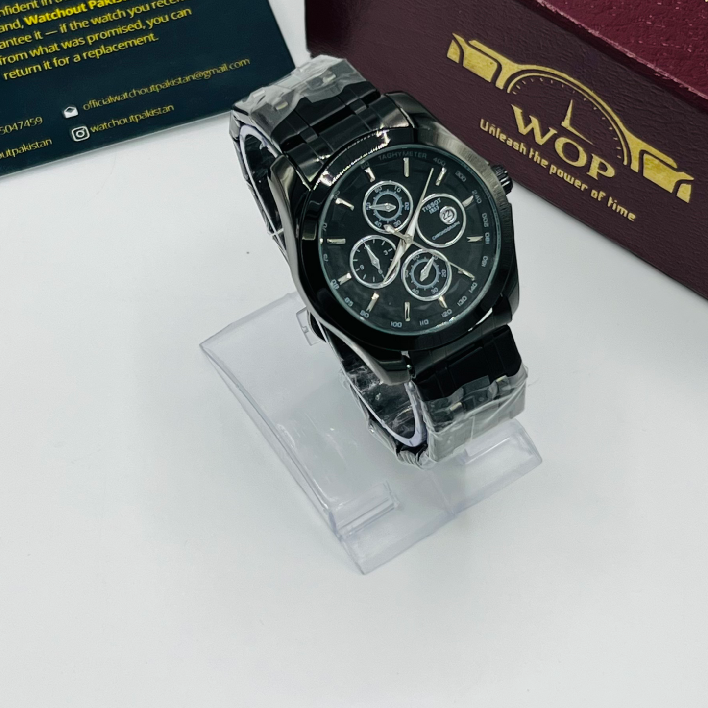 Racing Chronograph Black Dial Tachymeter Black Stainless Steel Bracelet Watch