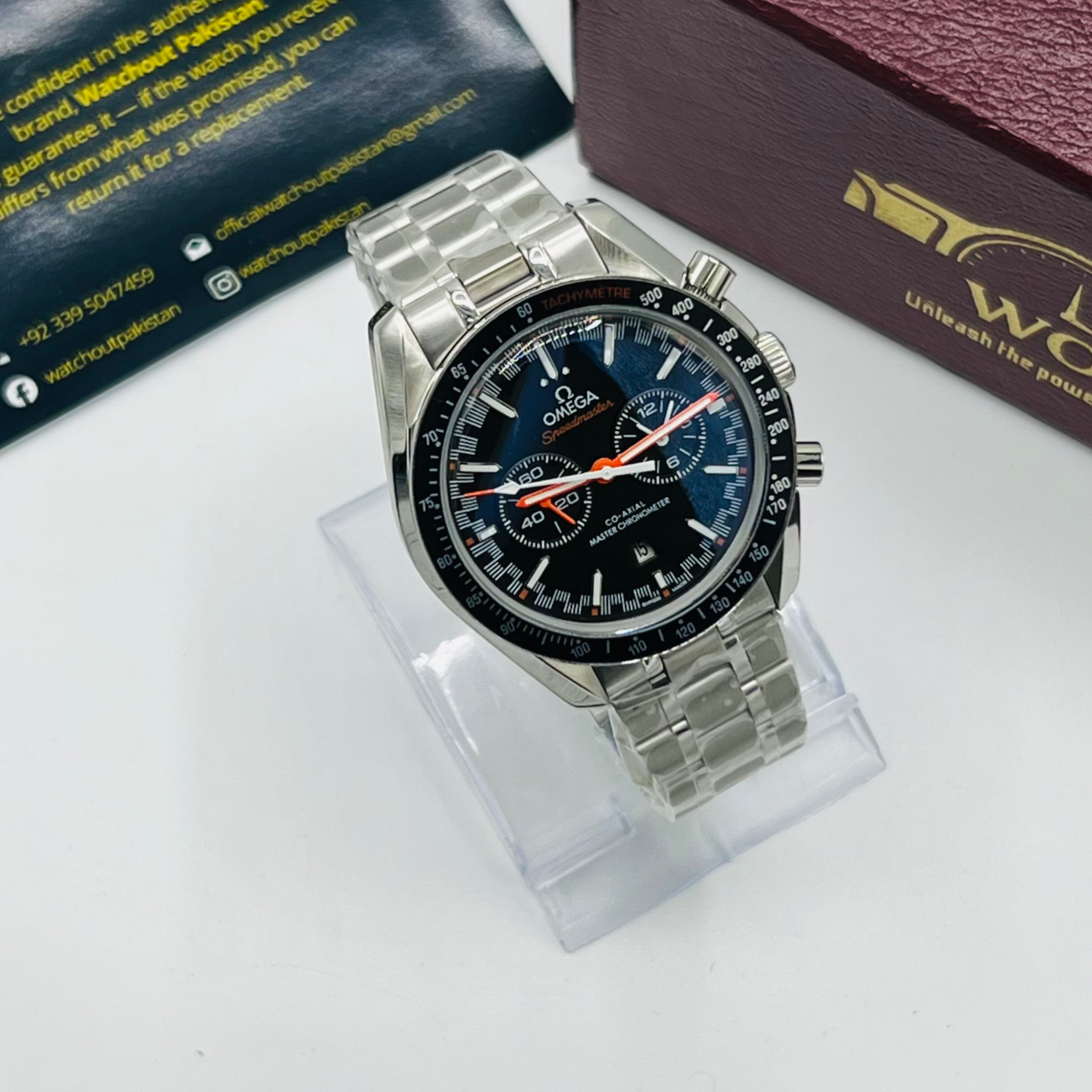 Racing Chronograph Black Dial Tachymeter Stainless Steel Bracelet Watch