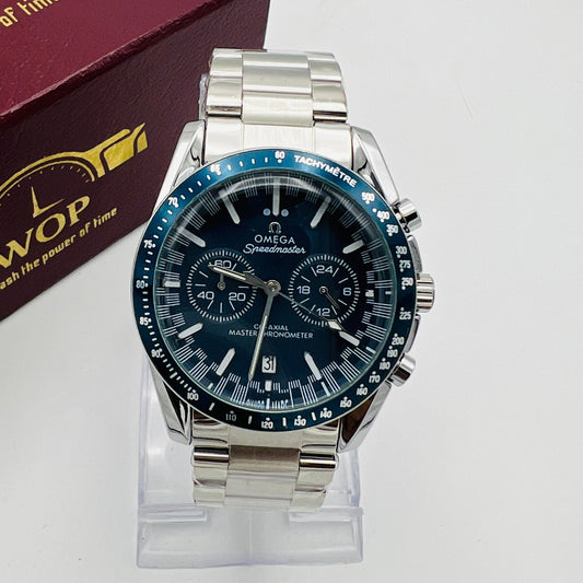Speedmaster Style Blue Dial Blue Bezel Chronograph Stainless Steel Bracelet Watch