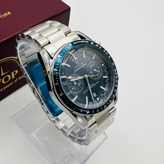 Speedmaster Style Blue Dial Blue Bezel Chronograph Stainless Steel Bracelet Watch