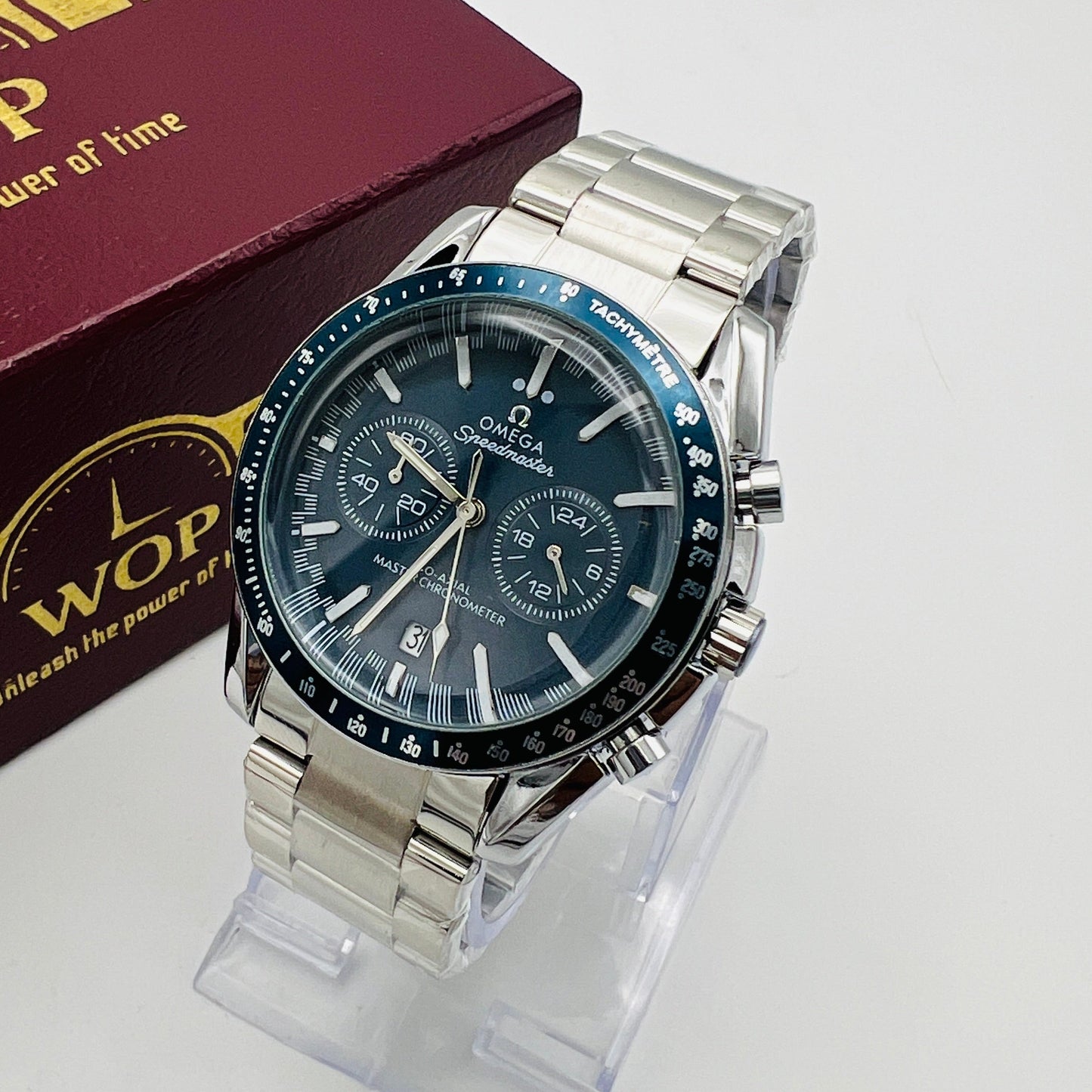 Speedmaster Style Blue Dial Blue Bezel Chronograph Stainless Steel Bracelet Watch