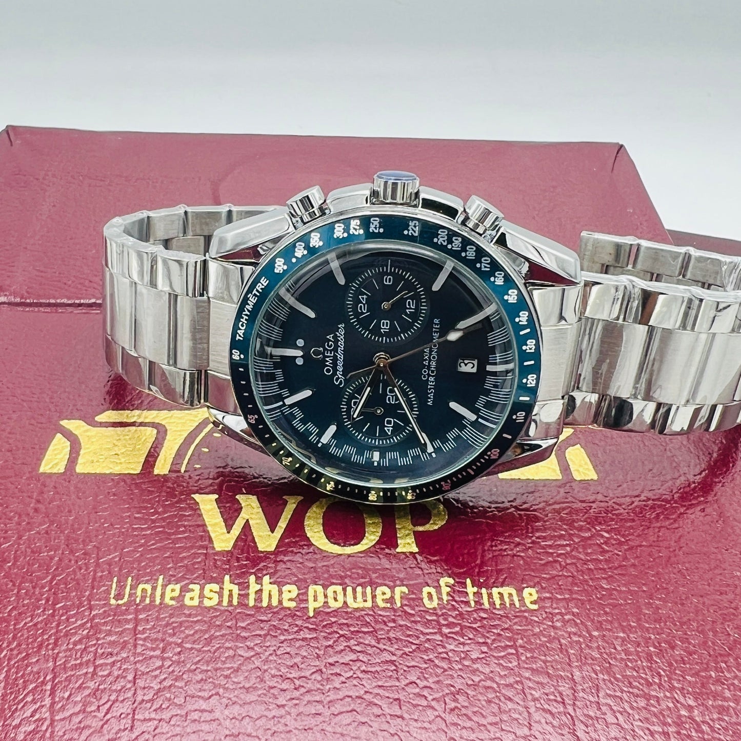Speedmaster Style Blue Dial Blue Bezel Chronograph Stainless Steel Bracelet Watch