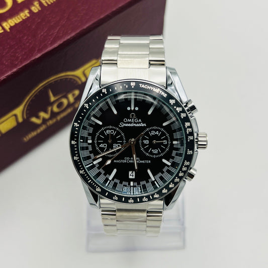 Speedmaster Style Black Dial Chronograph Tachymeter Stainless Steel Bracelet Watch