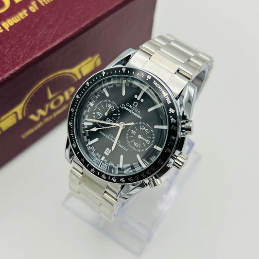 Speedmaster Style Black Dial Chronograph Tachymeter Stainless Steel Bracelet Watch