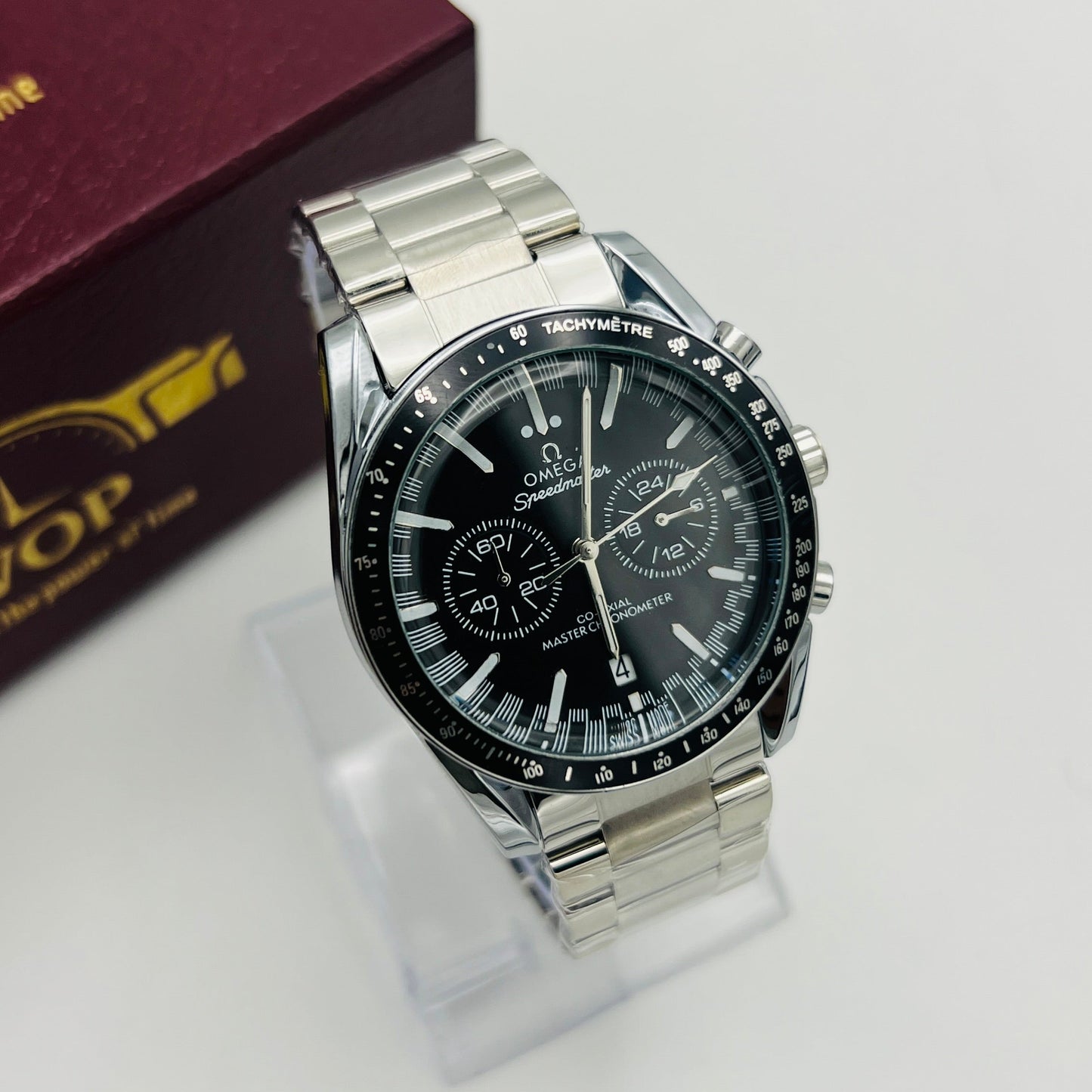 Speedmaster Style Black Dial Chronograph Tachymeter Stainless Steel Bracelet Watch