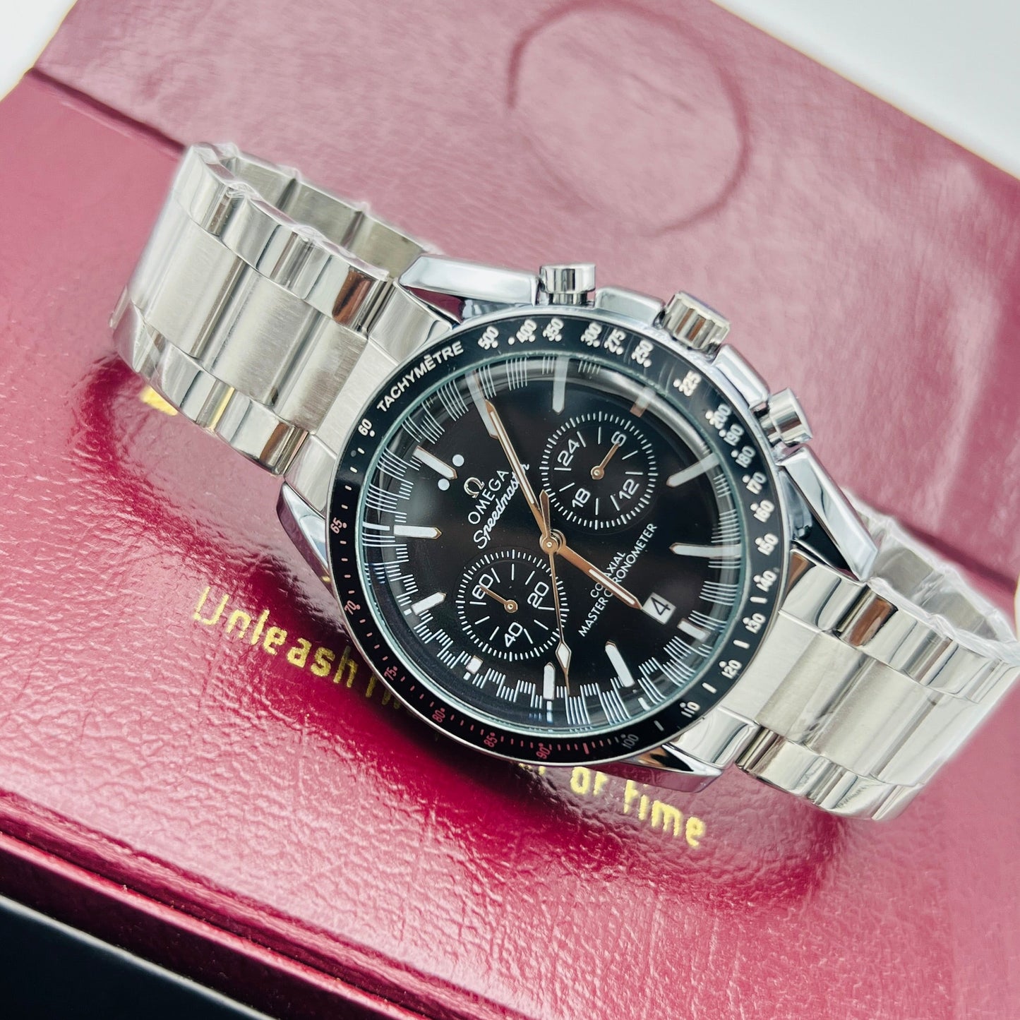 Speedmaster Style Black Dial Chronograph Tachymeter Stainless Steel Bracelet Watch