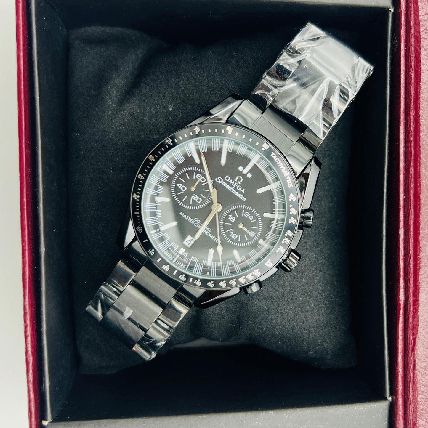 Speedmaster Style Black Dial Chronograph Stainless Steel Bracelet Watch