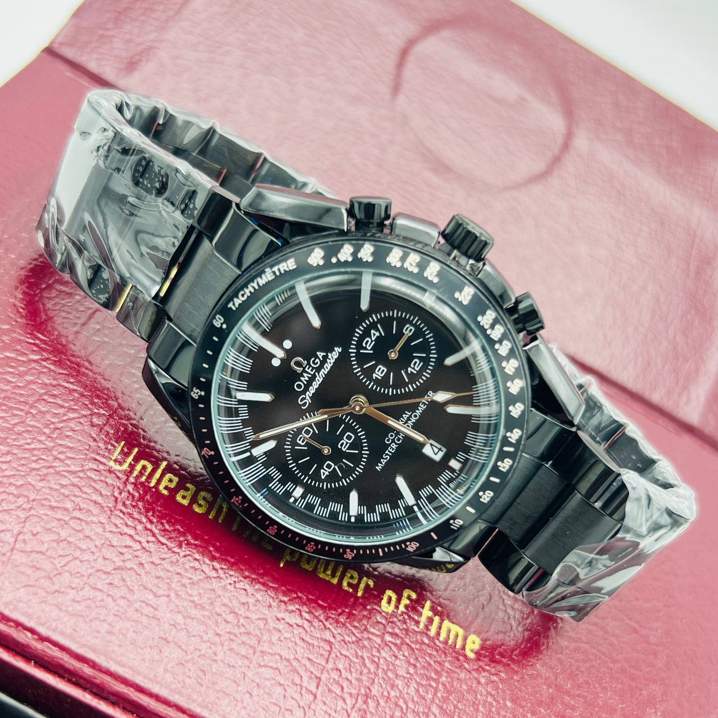 Speedmaster Style Black Dial Chronograph Stainless Steel Bracelet Watch