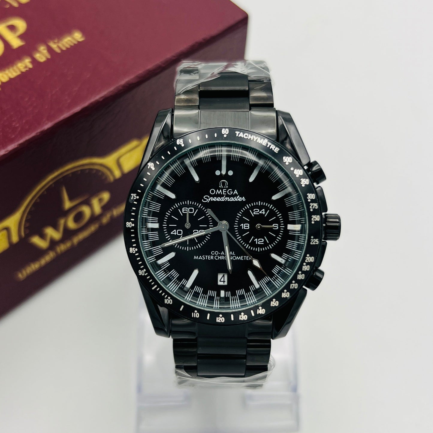 Speedmaster Style Black Dial Chronograph Stainless Steel Bracelet Watch