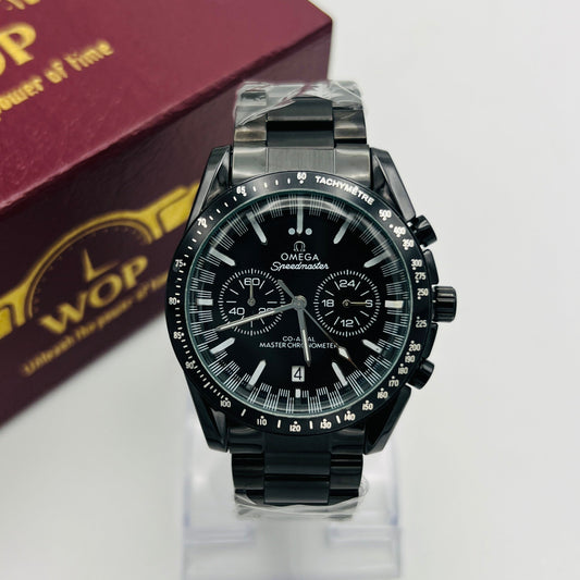 Speedmaster Style Black Dial Chronograph Stainless Steel Bracelet Watch