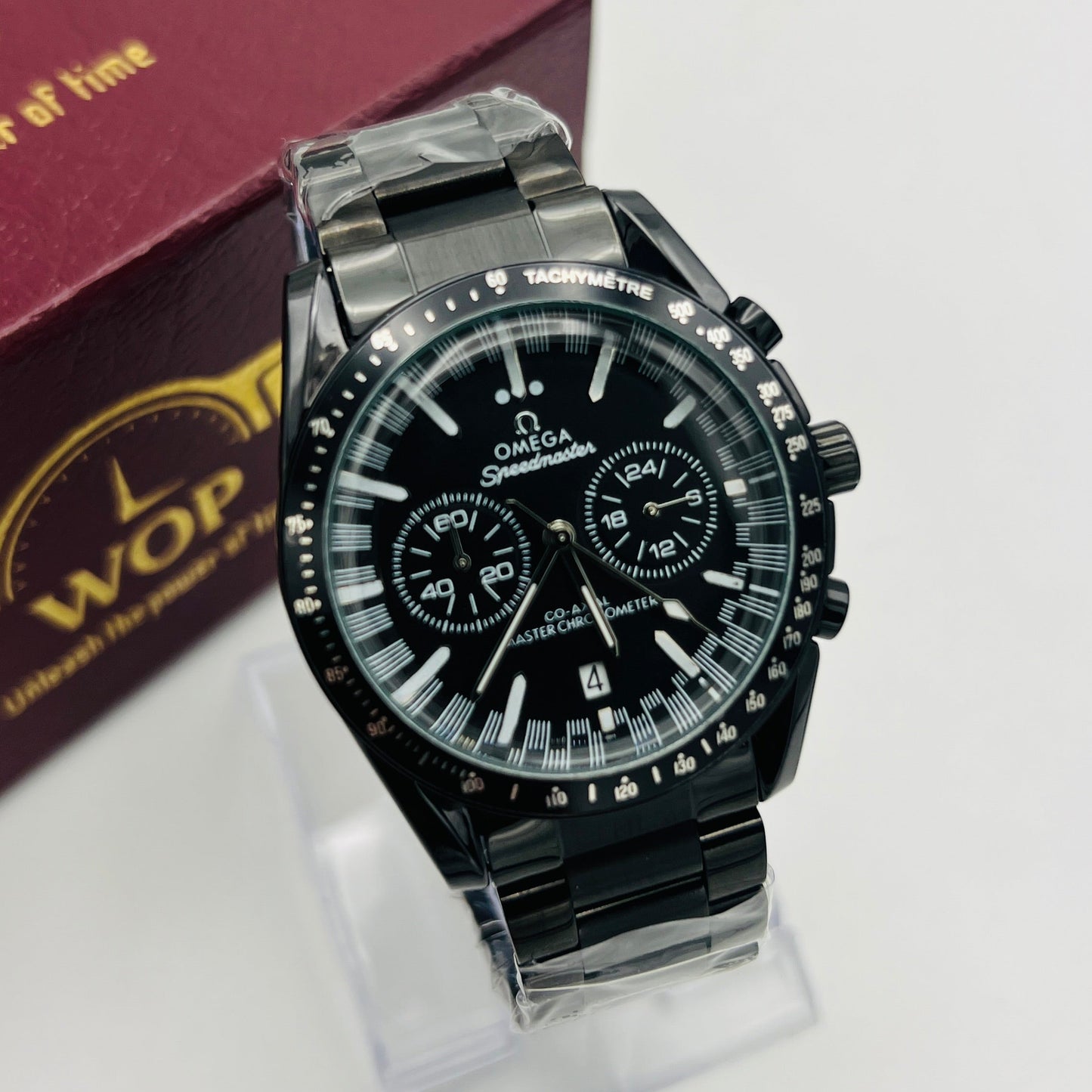 Speedmaster Style Black Dial Chronograph Stainless Steel Bracelet Watch