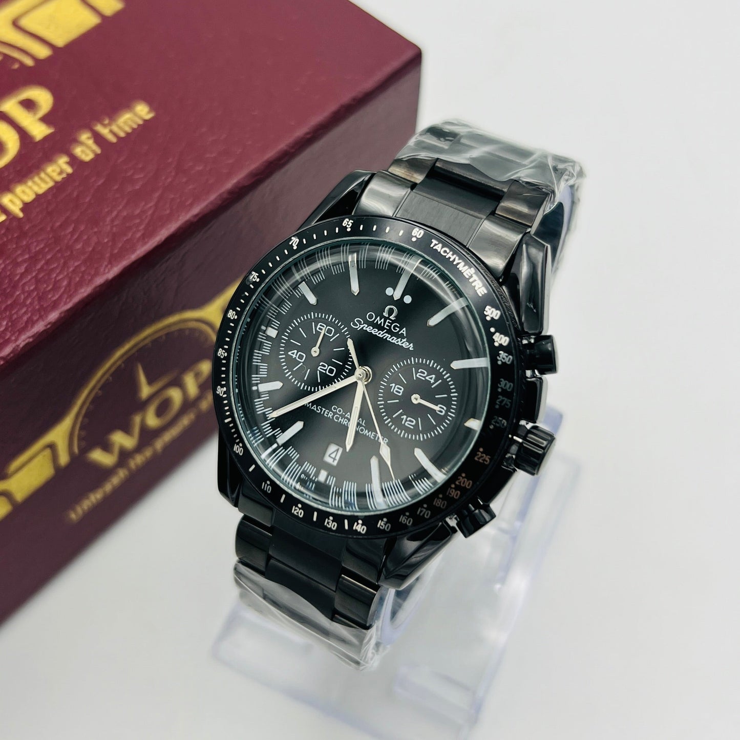 Speedmaster Style Black Dial Chronograph Stainless Steel Bracelet Watch