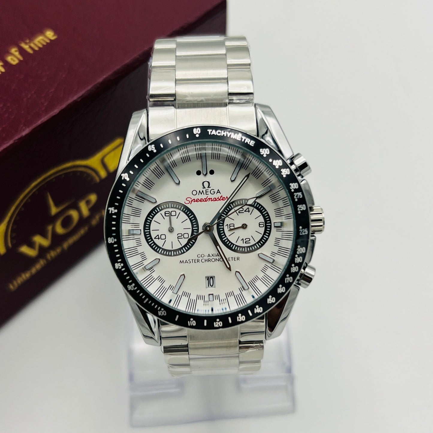 Racing Chronograph White Dial Black Tachymeter Stainless Steel Bracelet Watch