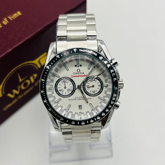 Racing Chronograph White Dial Black Tachymeter Stainless Steel Bracelet Watch