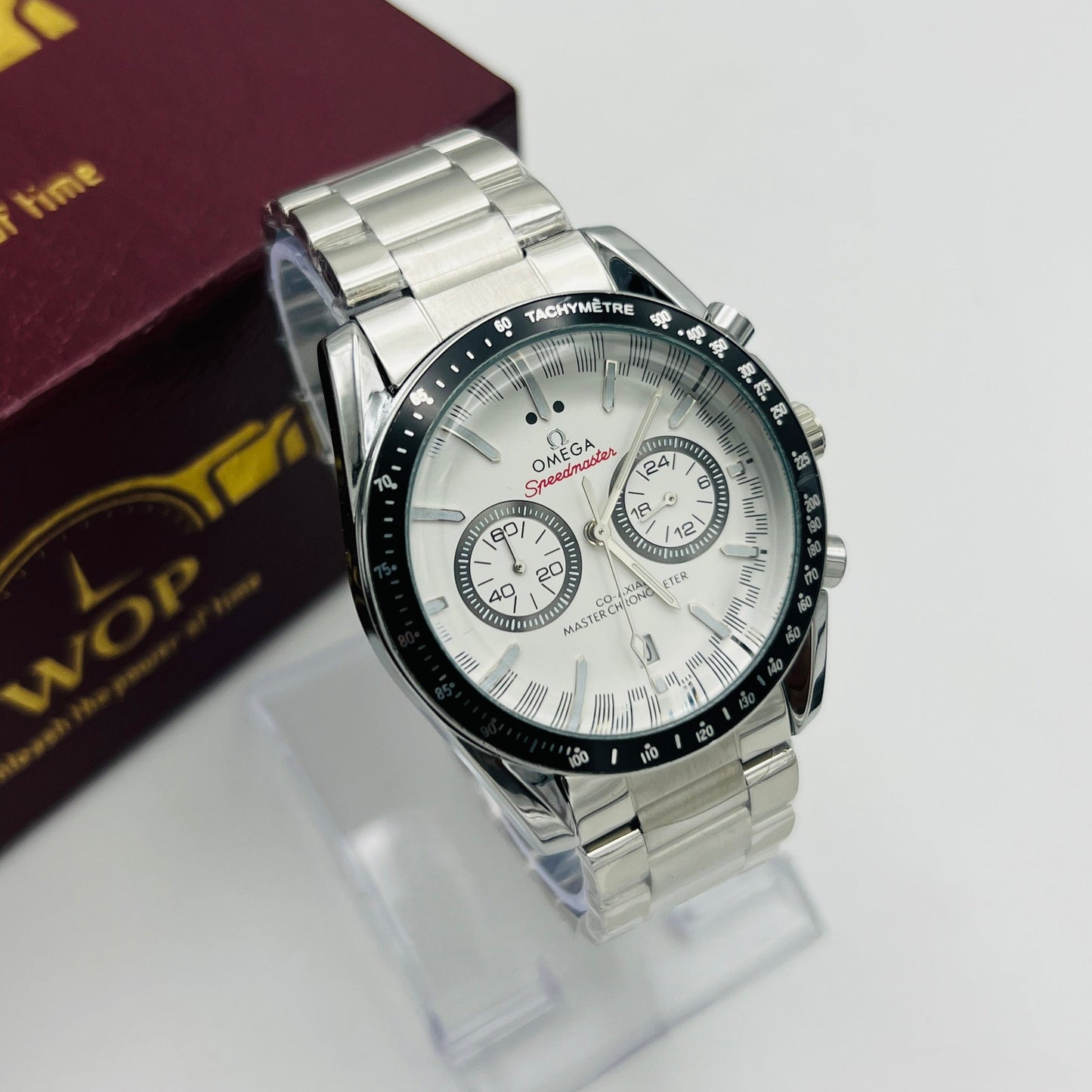 Racing Chronograph White Dial Black Tachymeter Stainless Steel Bracelet Watch