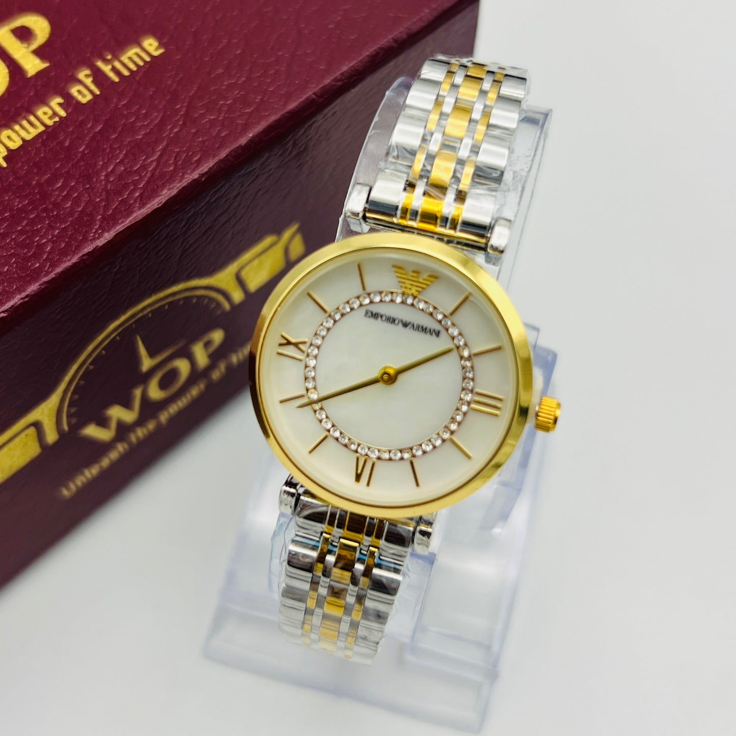 Ladies White Dial Roman Numerals Crystal Accents Two-Tone Stainless Steel Bracelet Watch
