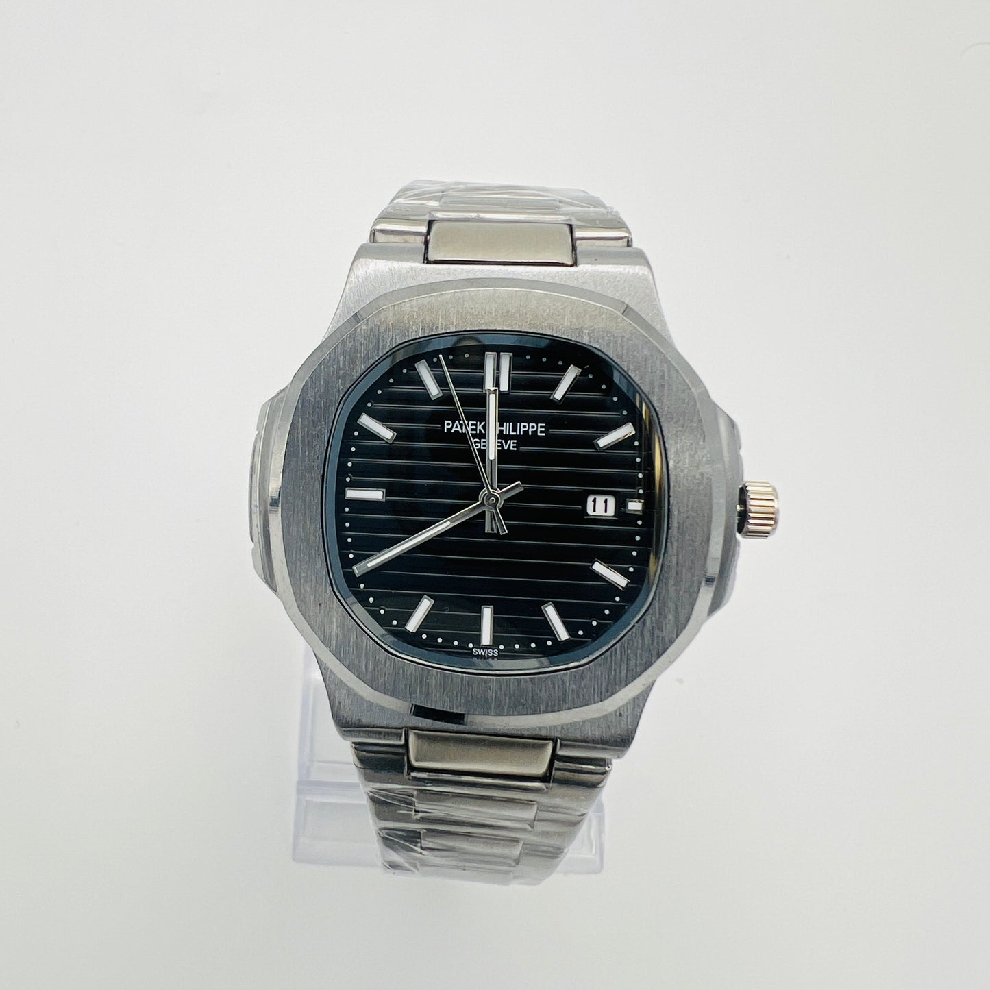 Nautilus Style Black Dial Semi-Automatic Stainless Steel Bracelet Watch